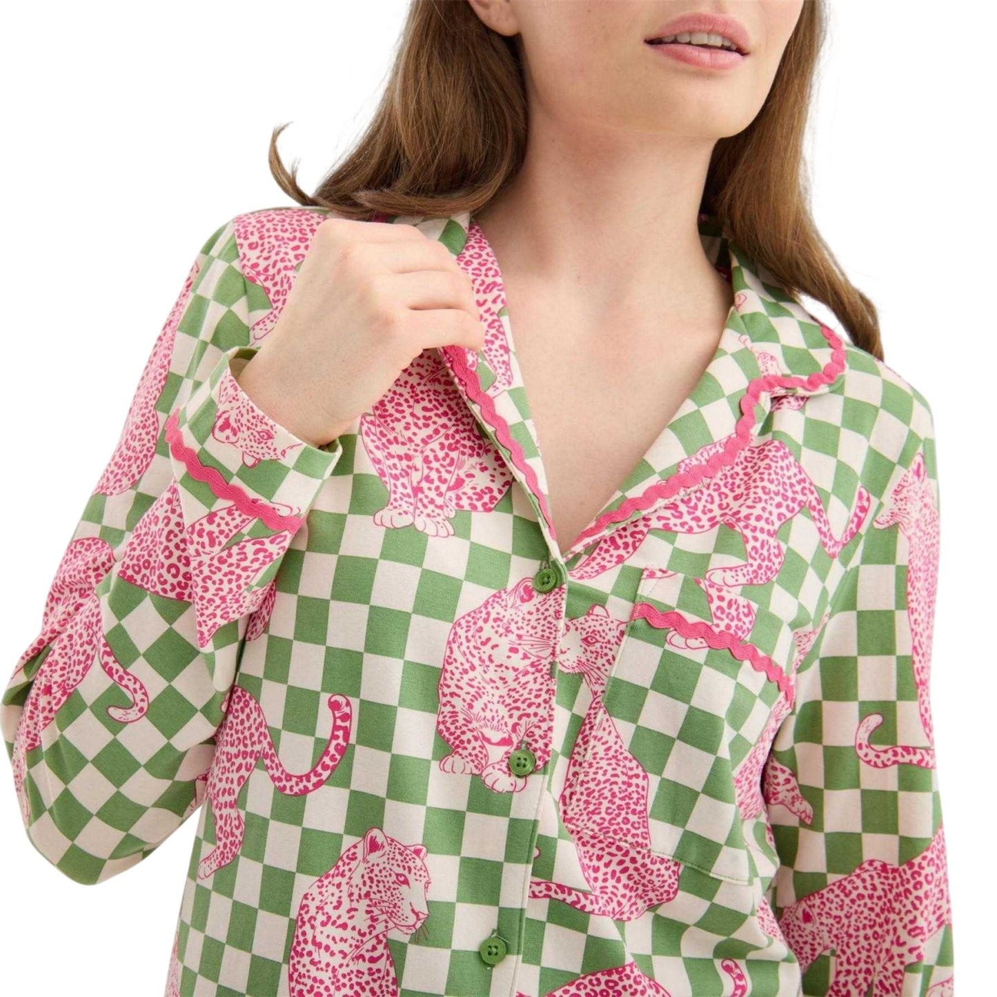 Green-Pink - Pack Shot - Chelsea Peers Womens-Ladies Leopard Long Pyjama Set