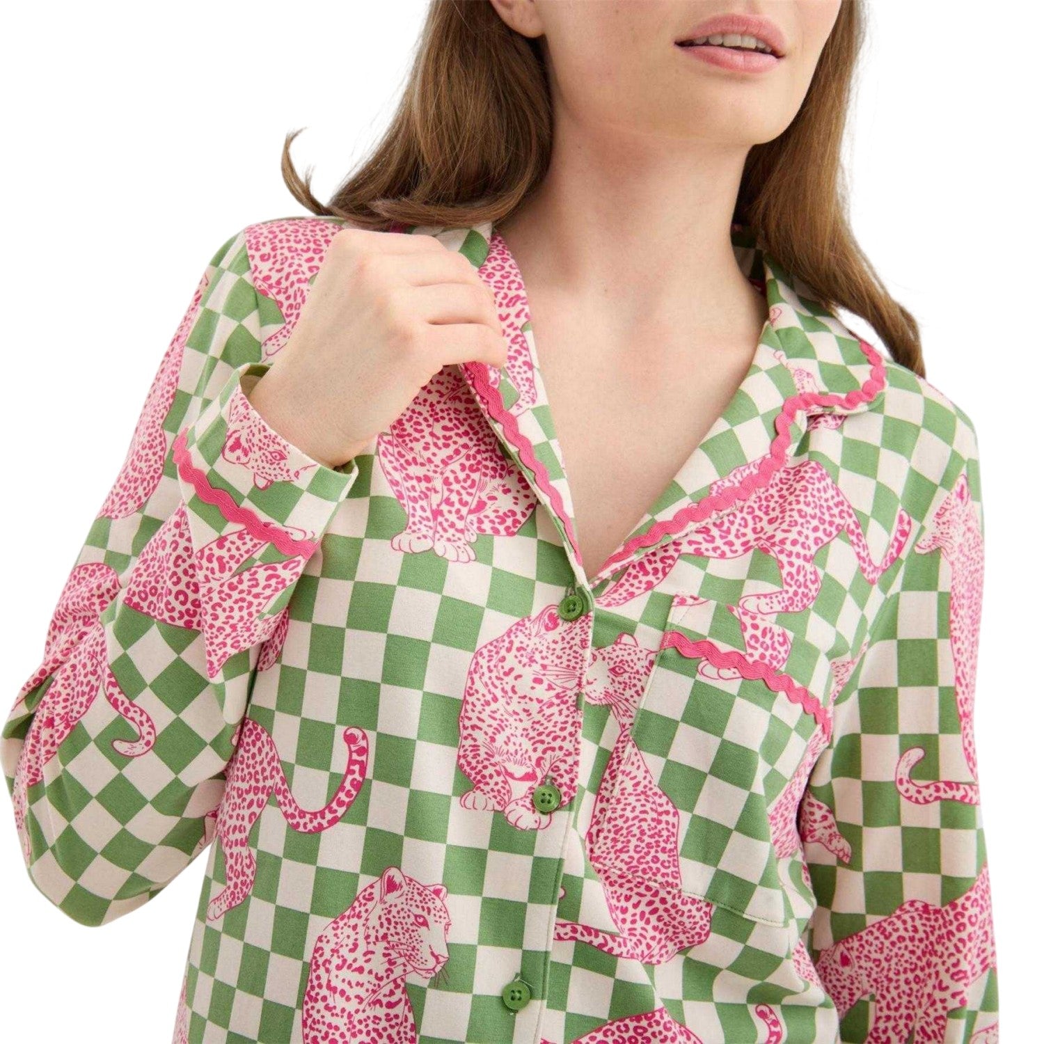 Green-Pink - Pack Shot - Chelsea Peers Womens-Ladies Leopard Long Pyjama Set