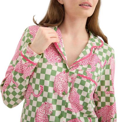 Green-Pink - Pack Shot - Chelsea Peers Womens-Ladies Leopard Long Pyjama Set