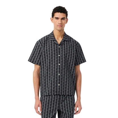 Black - Side - Lacoste Mens Geometric Poplin Relaxed Fit Pyjama Top