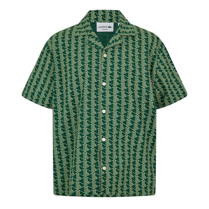 Green - Front - Lacoste Mens Geometric Poplin Relaxed Fit Pyjama Top