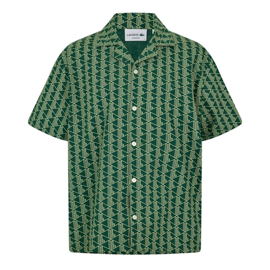 Green - Front - Lacoste Mens Geometric Poplin Relaxed Fit Pyjama Top
