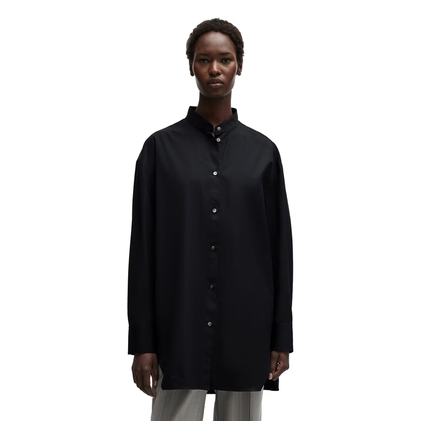 Black - Side - Boss Womens-Ladies Banded Collar Oversized Long-Sleeved Shirt