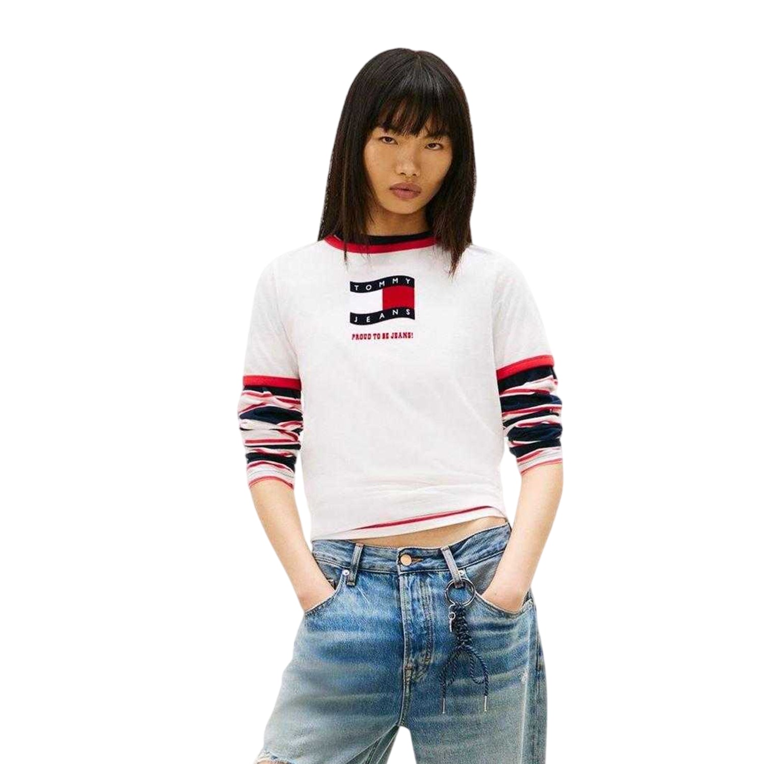Ecru - Side - Tommy Jeans Womens-Ladies Ringer Cotton Jersey T-Shirt