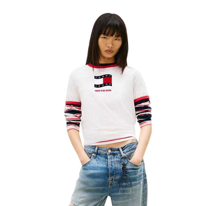 Ecru - Side - Tommy Jeans Womens-Ladies Ringer Cotton Jersey T-Shirt