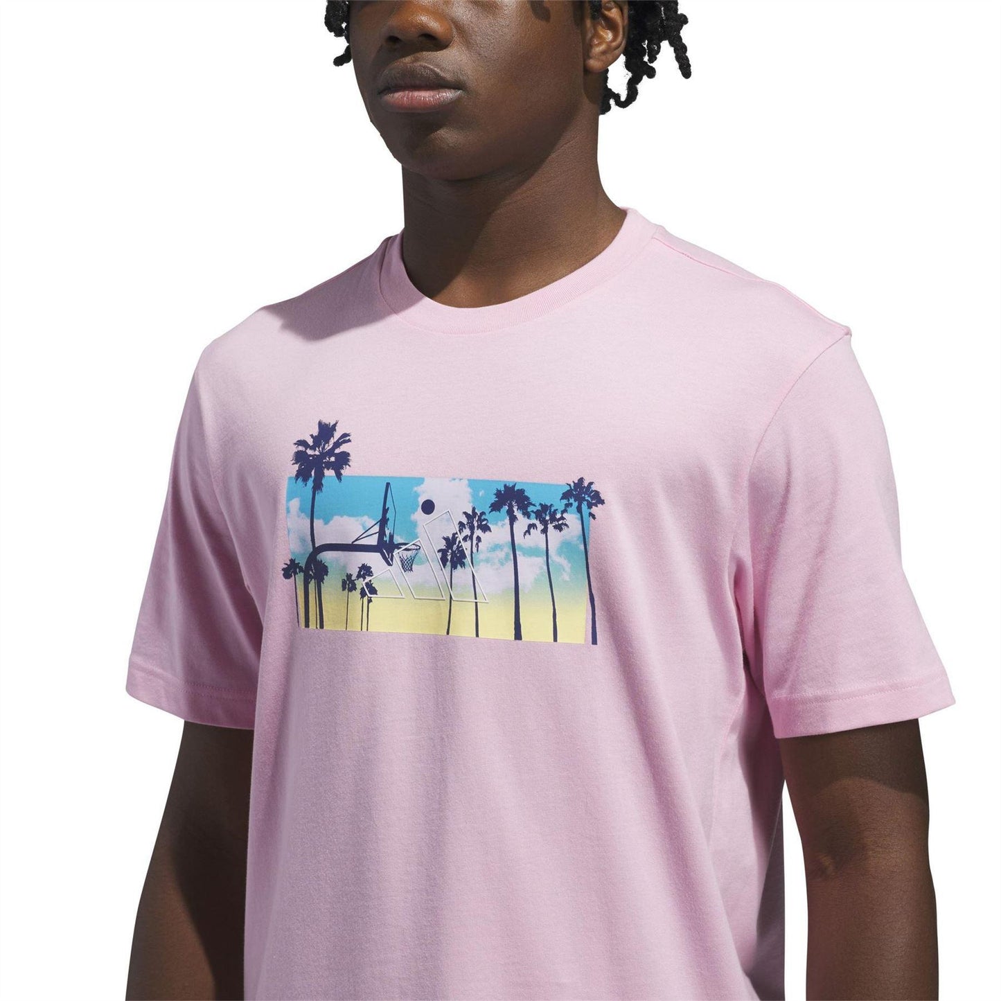True Pink - Side - Adidas Mens Palm Tree Cotton Logo T-Shirt