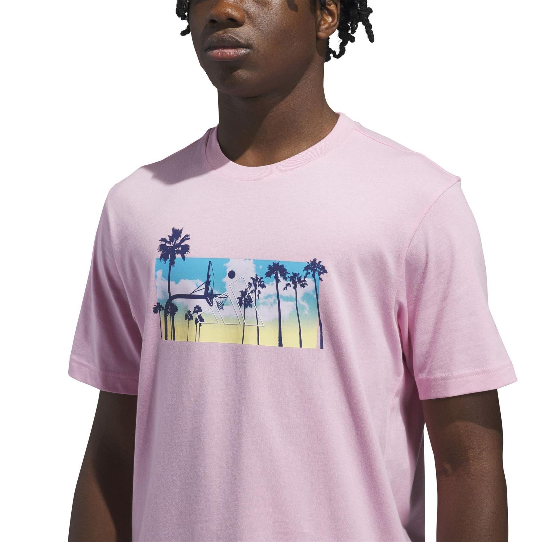 True Pink - Side - Adidas Mens Palm Tree Cotton Logo T-Shirt