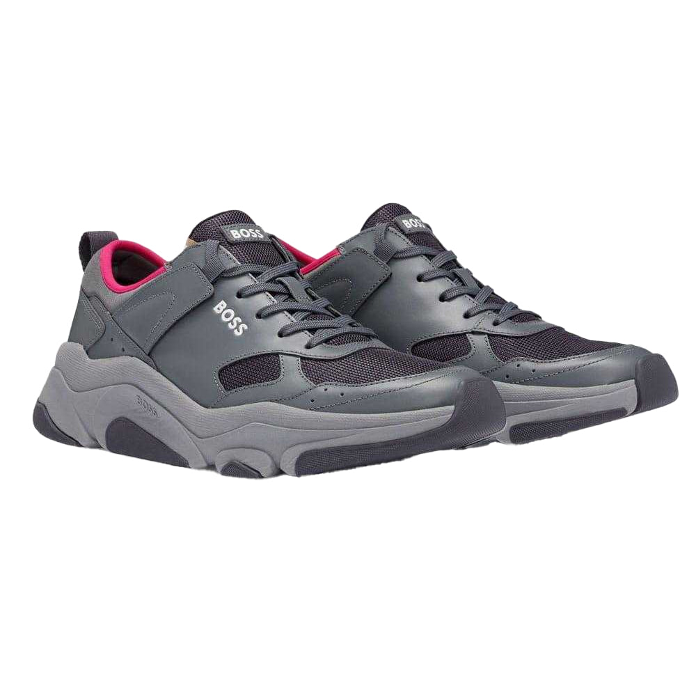 Grey - Front - Hugo Boss Mens Asher Leather Running Trainers