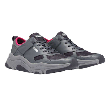 Grey - Front - Hugo Boss Mens Asher Leather Running Trainers