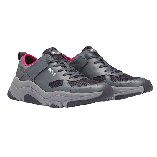 Grey - Front - Hugo Boss Mens Asher Leather Running Trainers