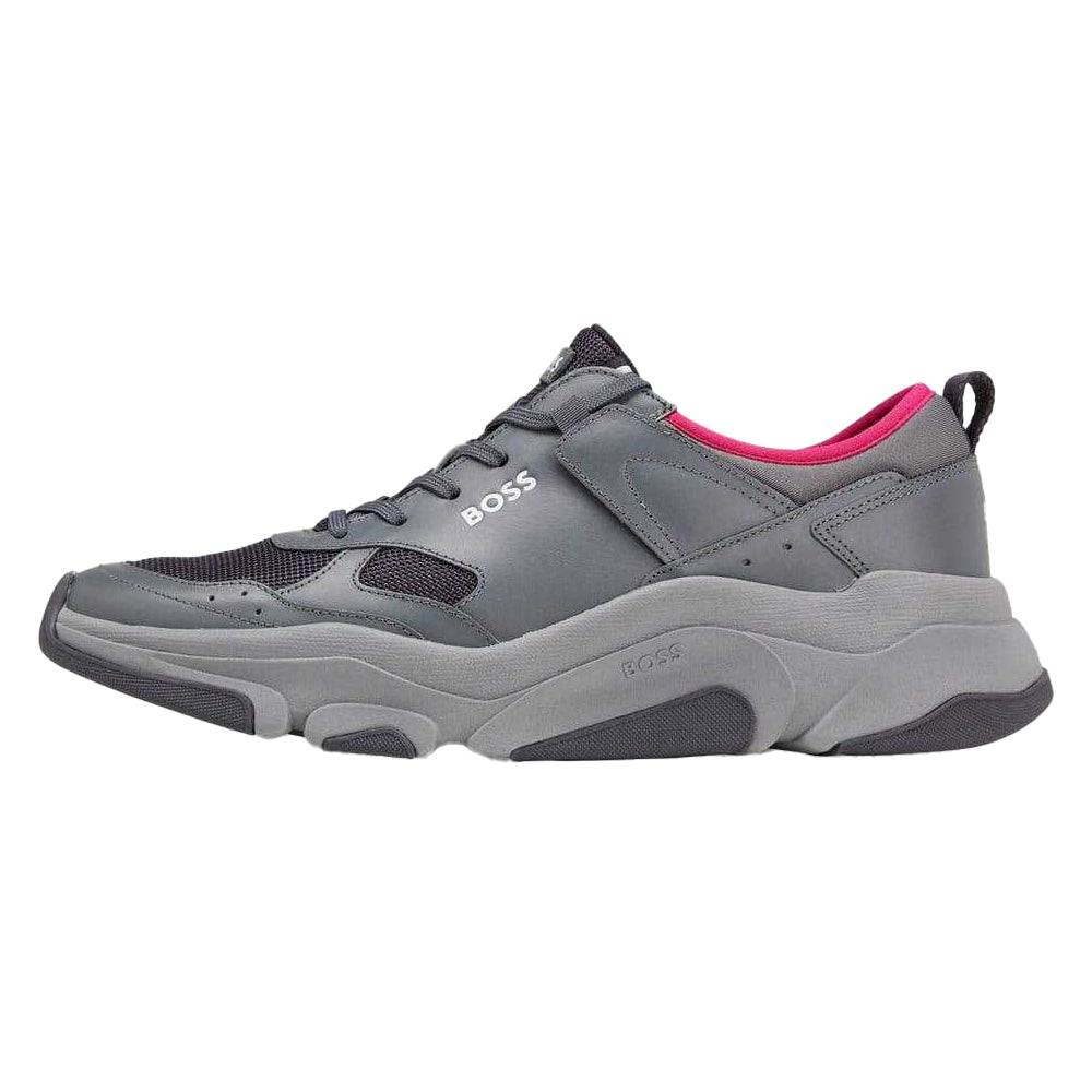 Grey - Back - Hugo Boss Mens Asher Leather Running Trainers