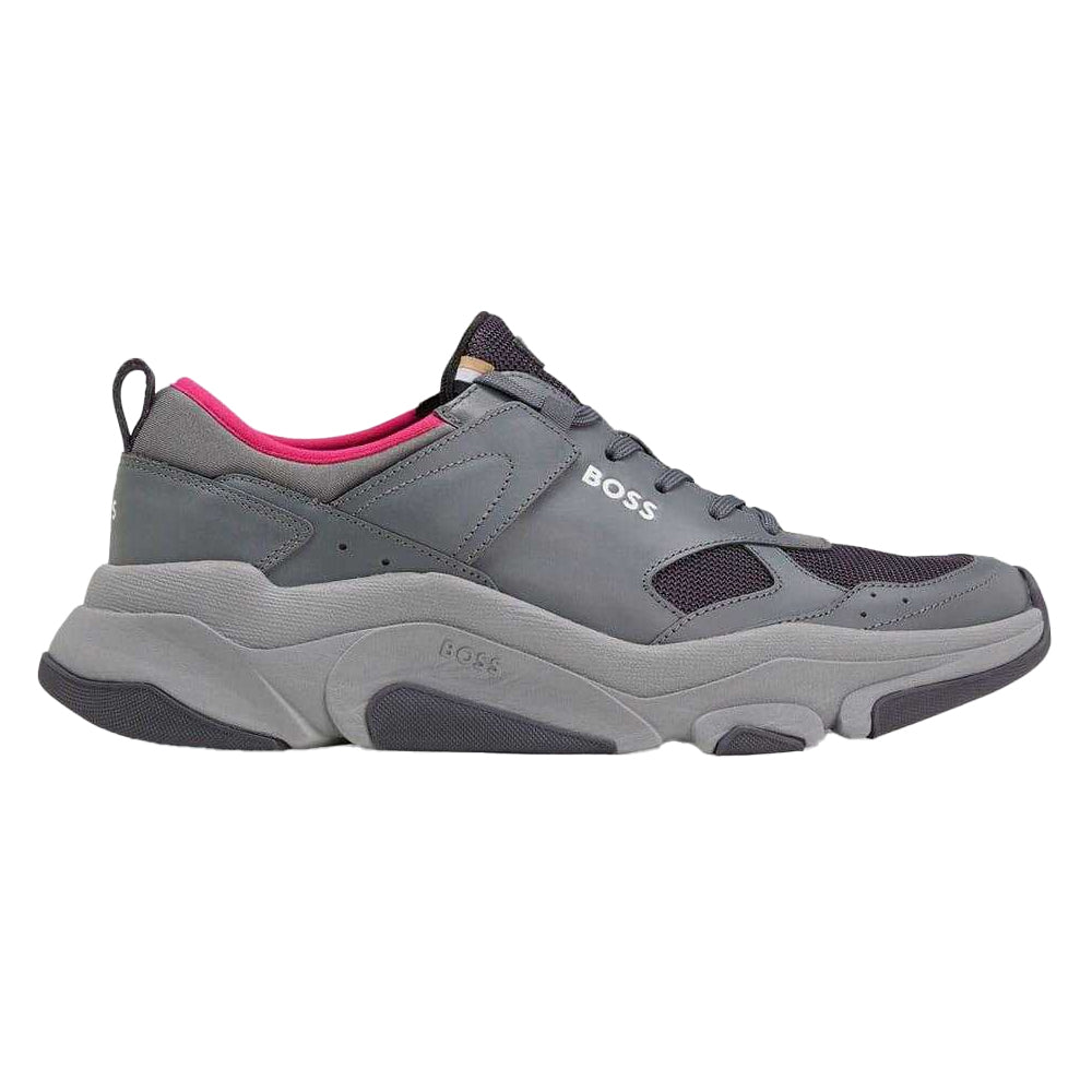 Grey - Side - Hugo Boss Mens Asher Leather Running Trainers