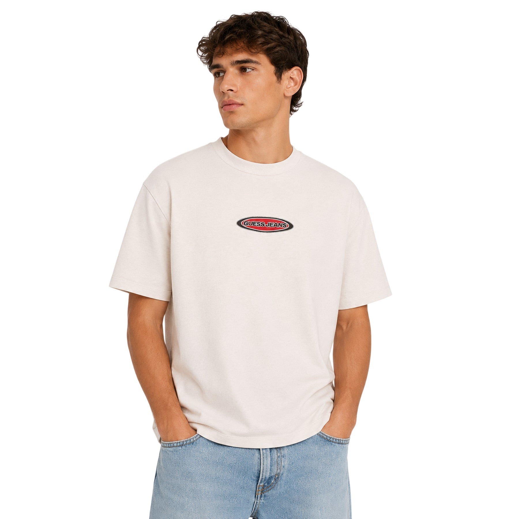 White - Side - Guess Mens Oval Logo T-Shirt