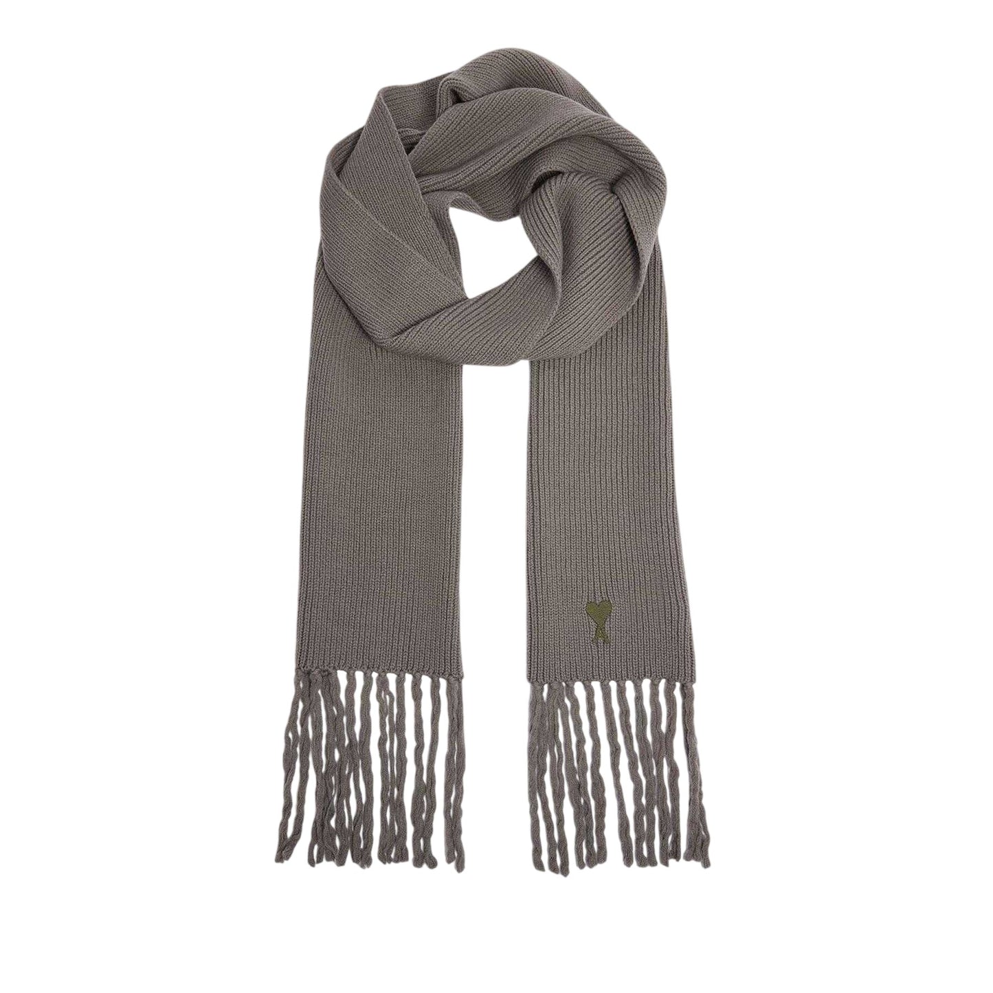 Khaki - Front - Ami Paris Embroidered Logo Knitted Scarf