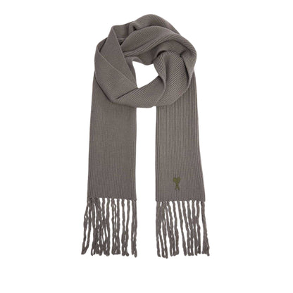 Khaki - Front - Ami Paris Embroidered Logo Knitted Scarf