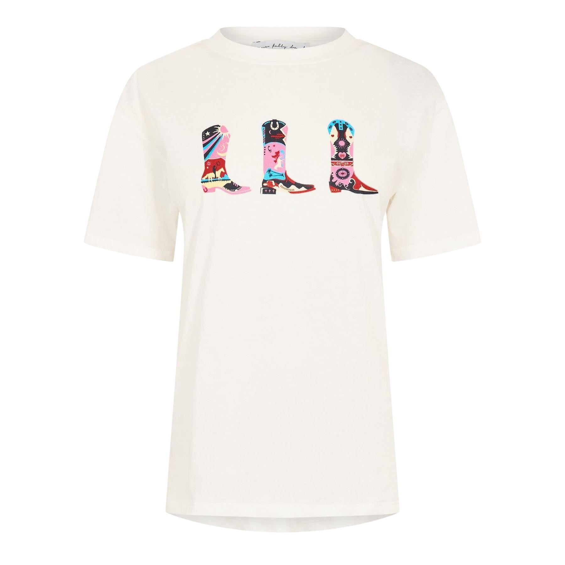 White - Front - Never Fully Dressed Womens-Ladies Cowboy Boot T-Shirt