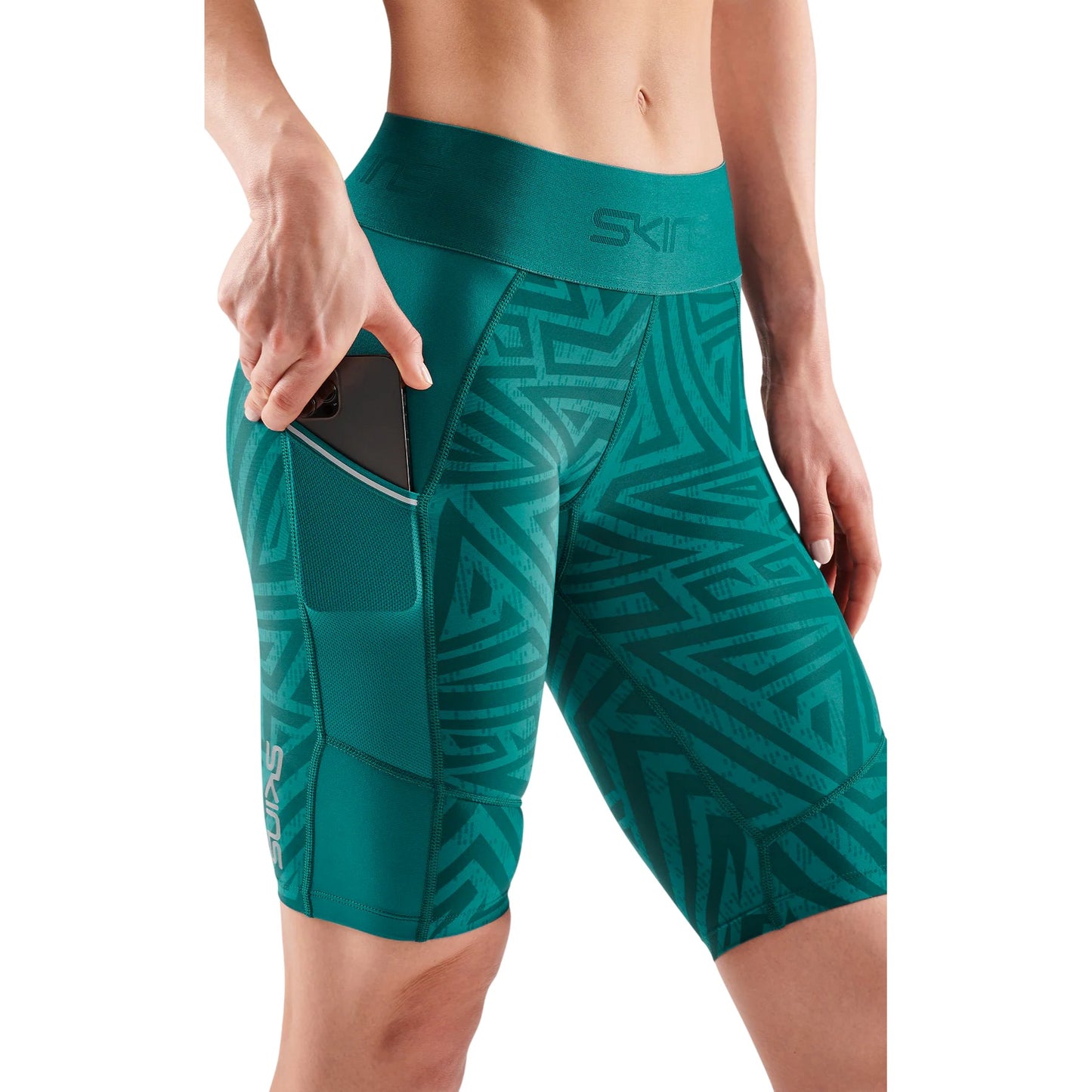 Teal Blue - Side - Skins Womens-Ladies Series-3 Geometric Skinny Compression Shorts