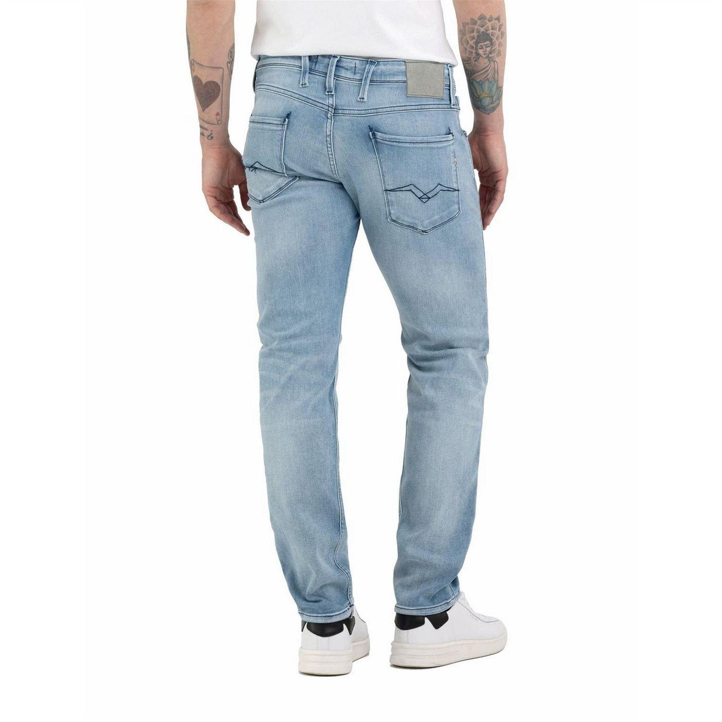 Light Blue - Back - Replay Mens Anbass Cotton Blend Slim Jeans