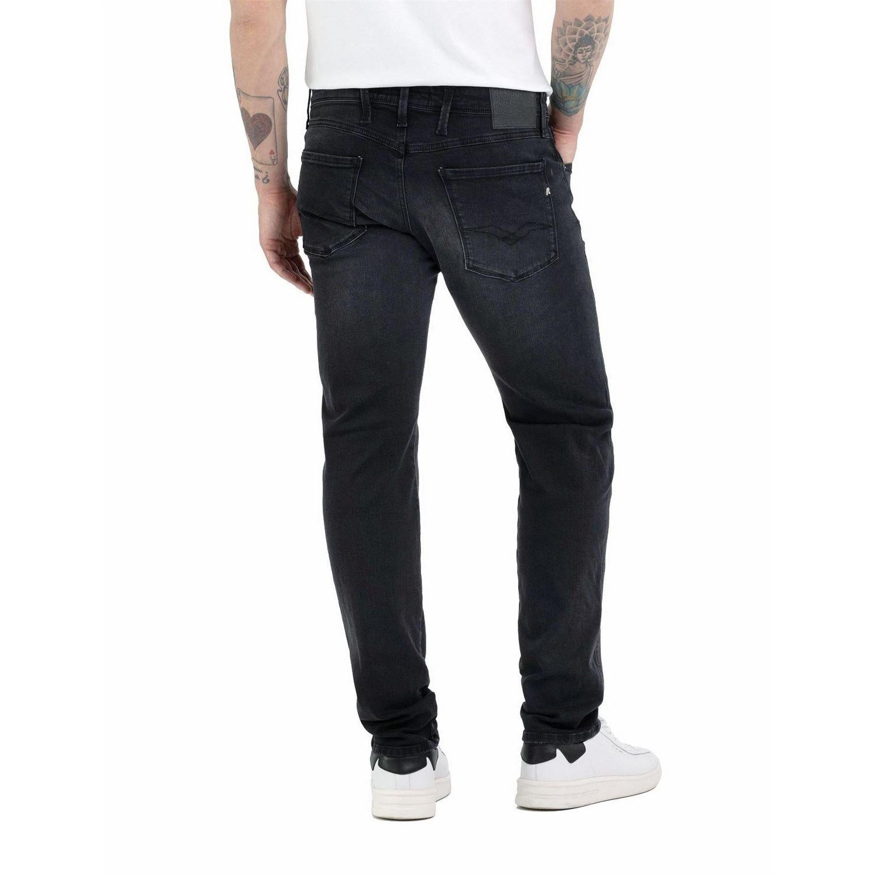 Dark Grey-Black - Back - Replay Mens Anbass Cotton Blend Slim Jeans