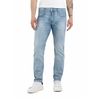 Light Blue - Front - Replay Mens Anbass Cotton Blend Slim Jeans