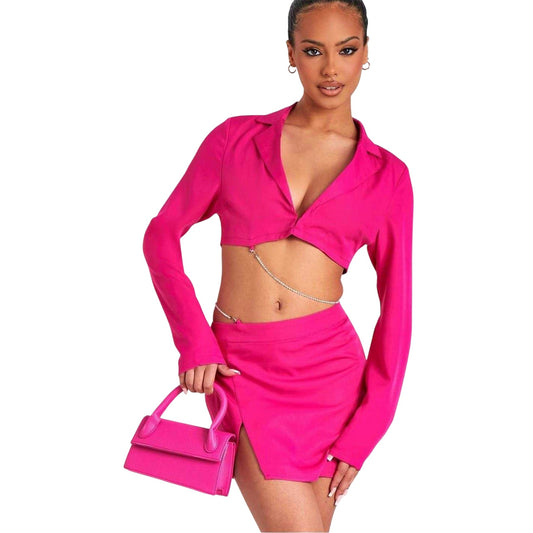 Pink - Front - Missy Empire Womens-Ladies Chain Detail Cropped Blazer