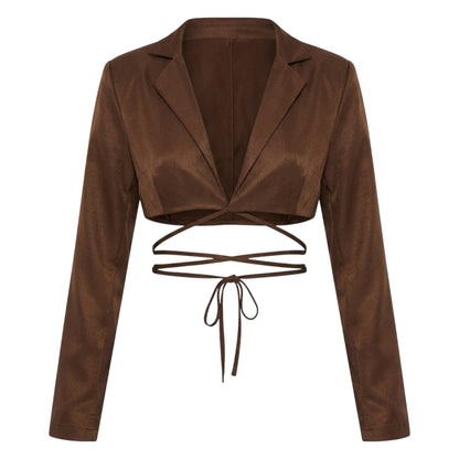 Chocolate - Front - Missy Empire Womens-Ladies Tie Detail Cropped Blazer
