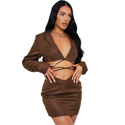 Chocolate - Side - Missy Empire Womens-Ladies Tie Detail Cropped Blazer