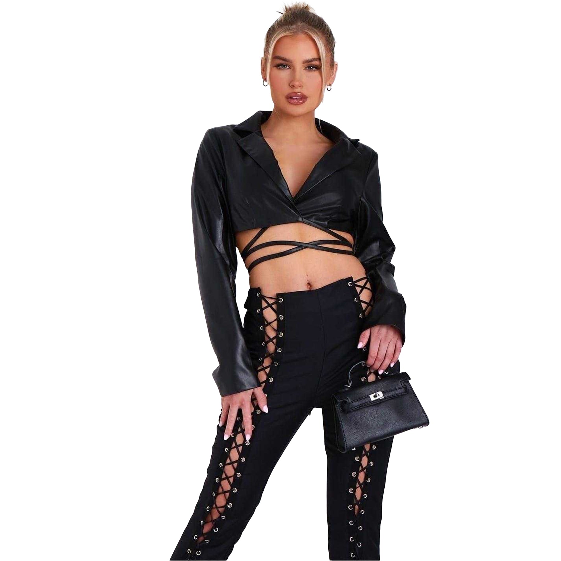 Black - Front - Missy Empire Womens-Ladies PU Cropped Blazer