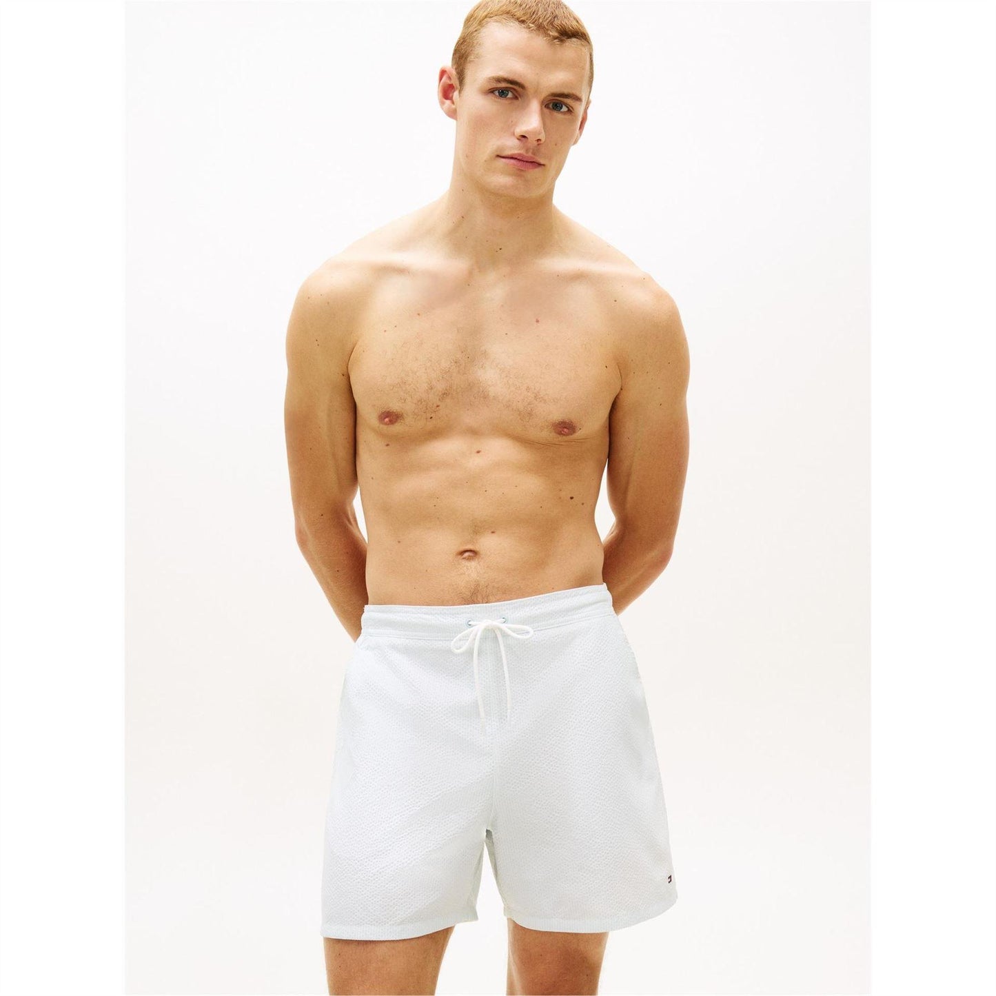 Ecru-Blue - Back - Tommy Hilfiger Mens Stripe Seersucker Swim Shorts