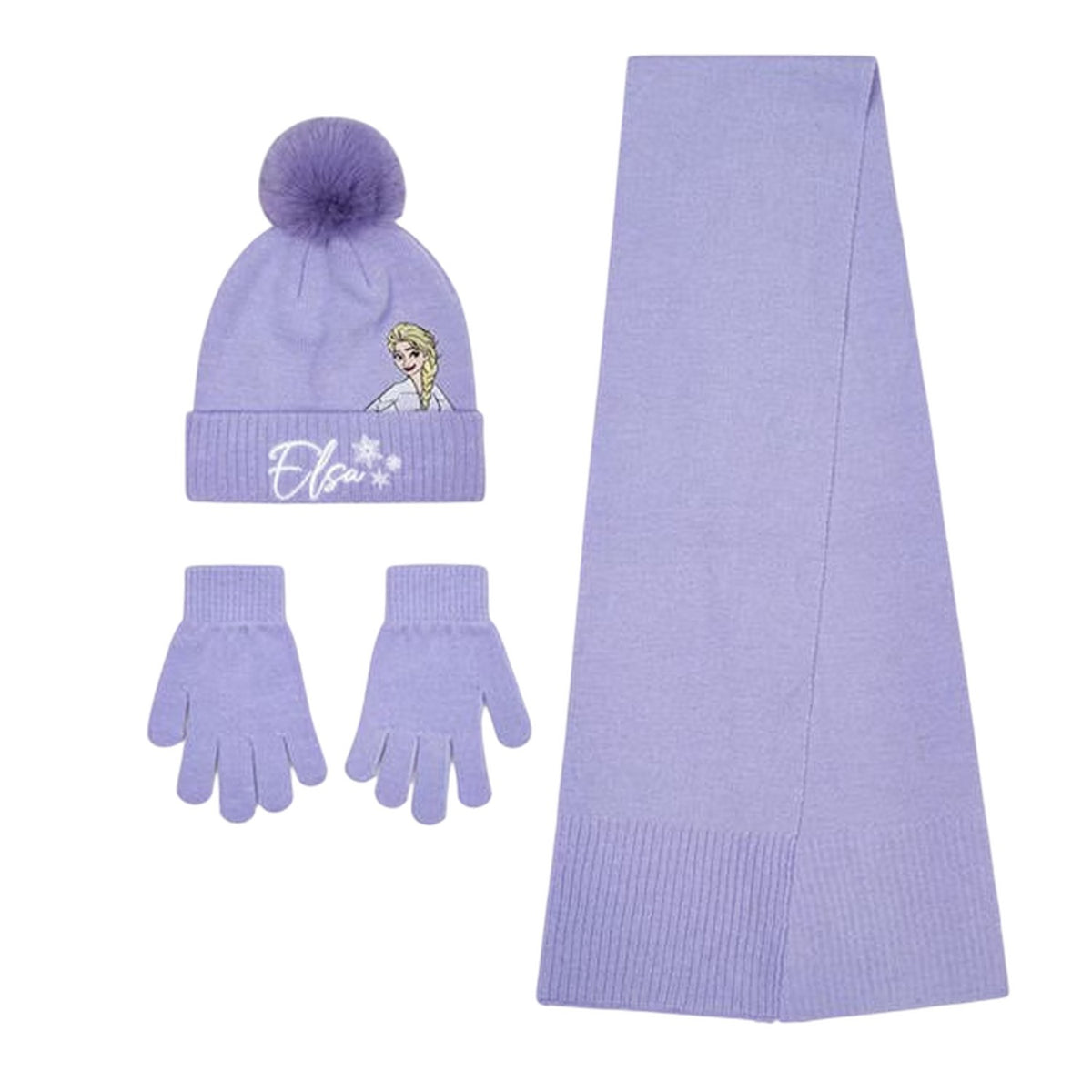 Purple - Front - Frozen Girls Character Knitted Elsa Hat Gloves And Scarf Set