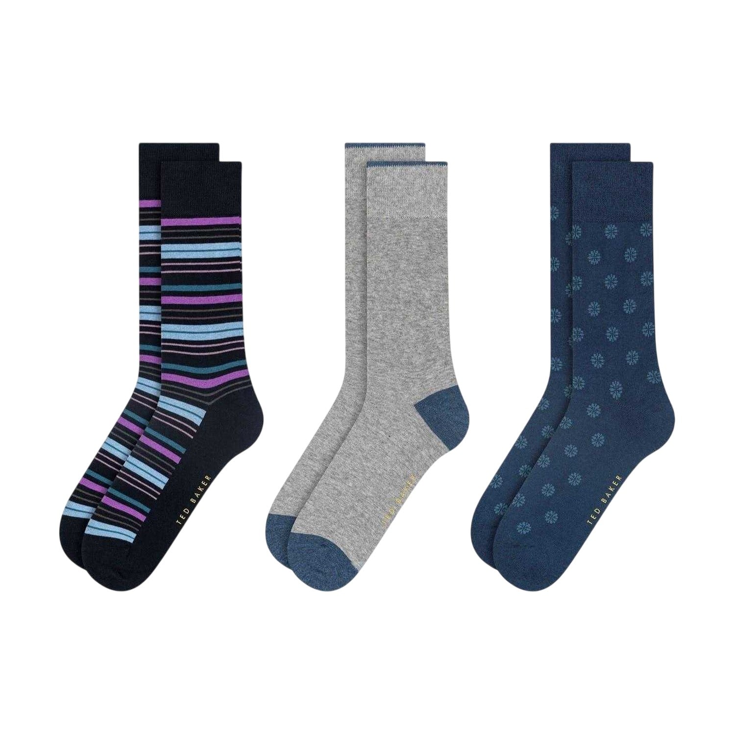 Navy-Blue-Grey - Front - Ted Baker Mens Stripe Crew Socks (Pack of 3)