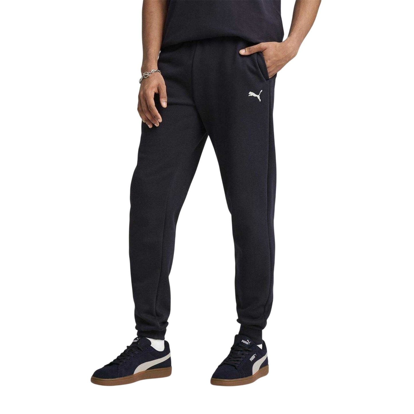 Navy - Side - Puma Mens Logo Cuffed Joggers
