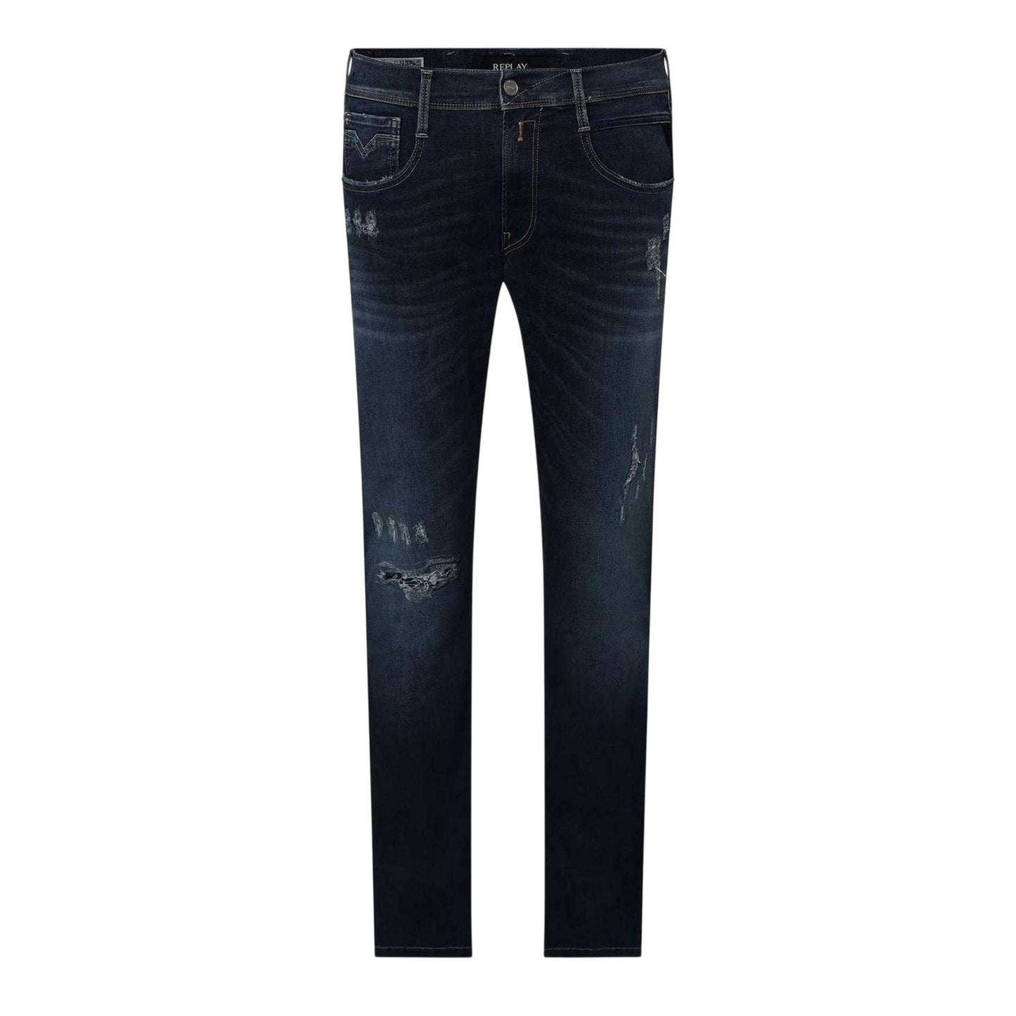 Blue - Front - Replay Mens Anbass Distressed Slim Jeans