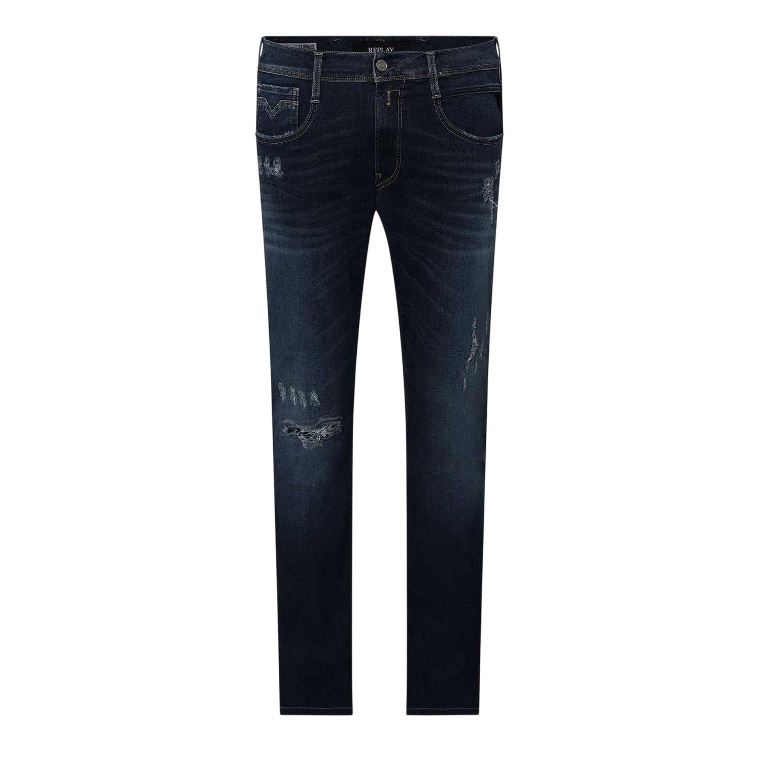 Blue - Front - Replay Mens Anbass Distressed Slim Jeans
