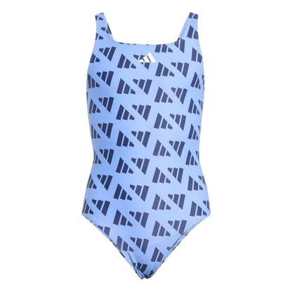Blue - Front - Adidas Girls Graphic Print Logo One Piece Swimsuit