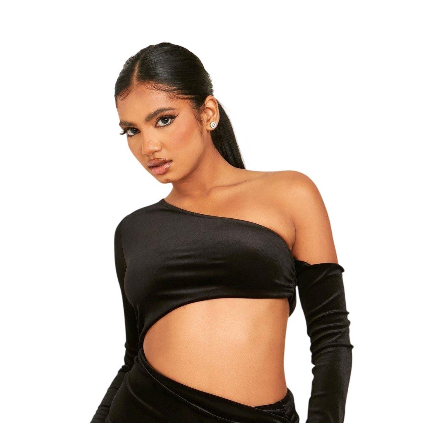 Black - Side - Missy Empire Womens-Ladies Velvet One Sleeve Mini Dress