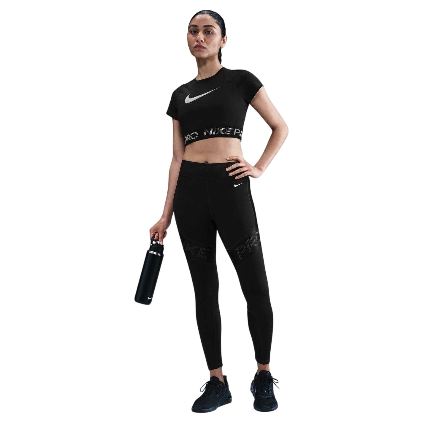 Black-White - Side - Nike Womens-Ladies Dri-FIT Cropped Sports Top