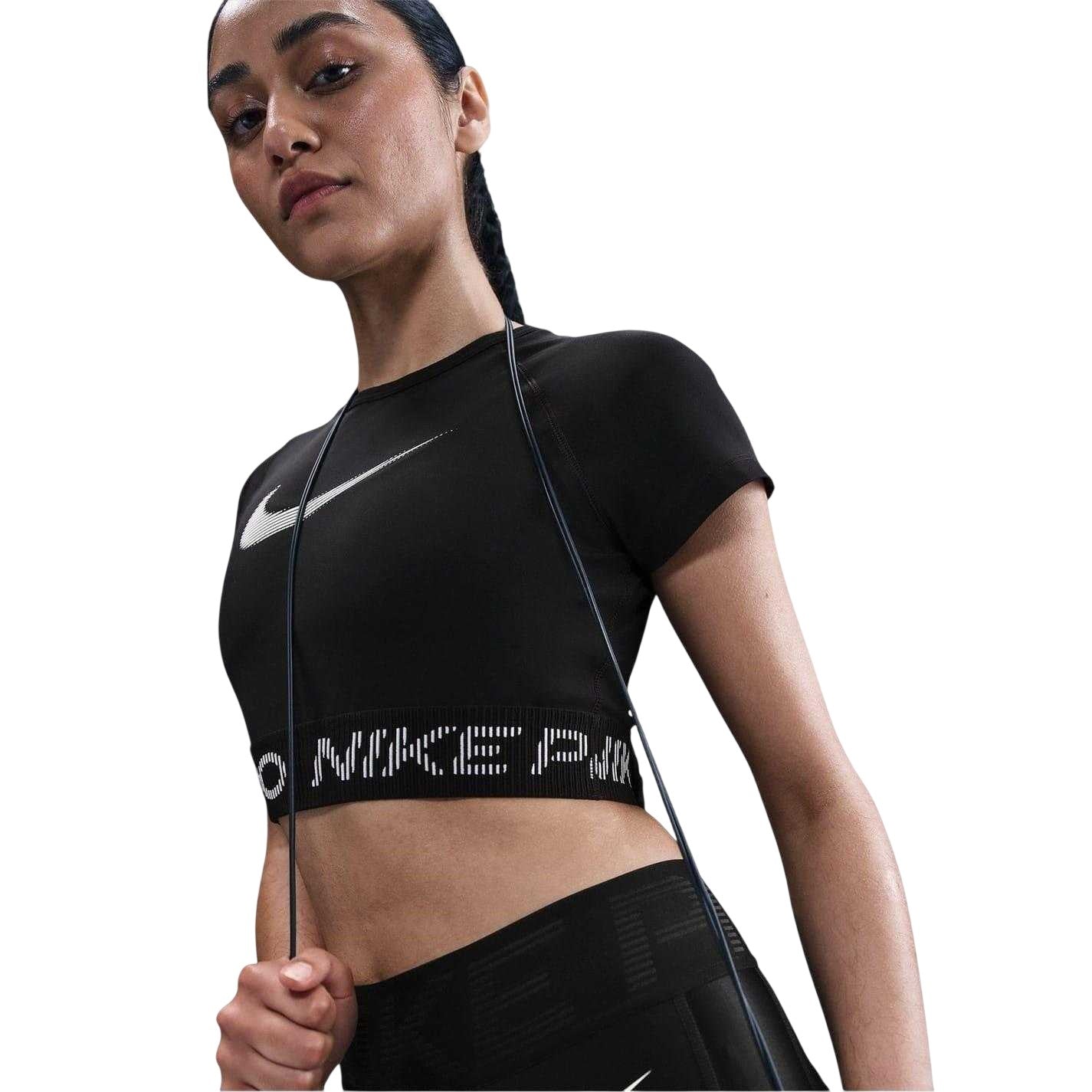 Black-White - Pack Shot - Nike Womens-Ladies Dri-FIT Cropped Sports Top