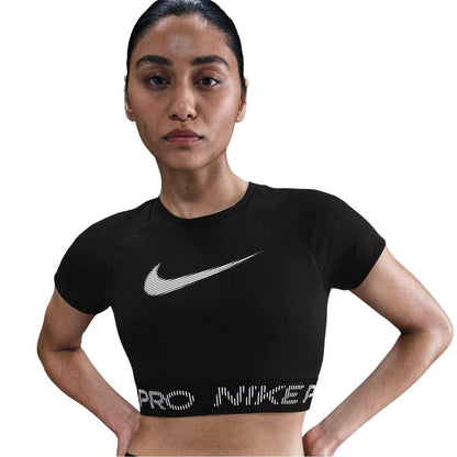 Black-White - Front - Nike Womens-Ladies Dri-FIT Cropped Sports Top