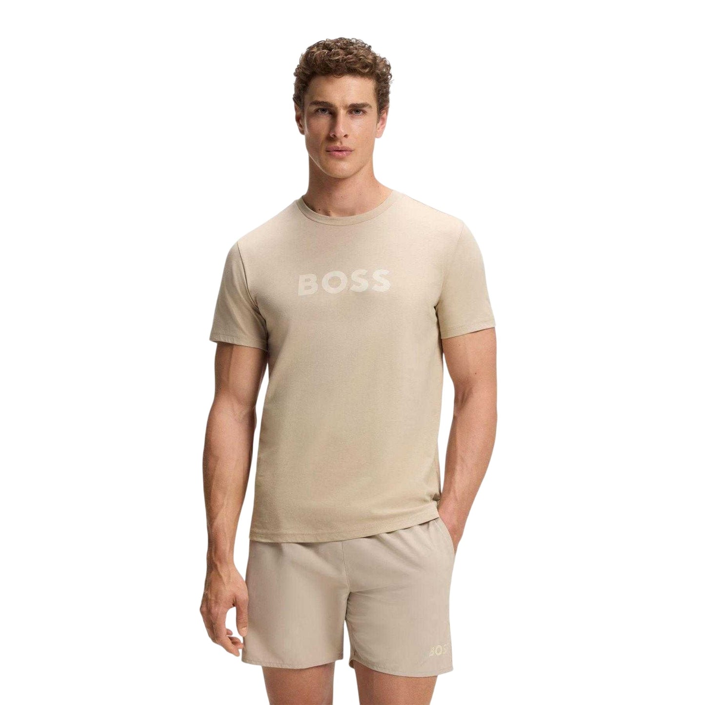 Light Beige - Side - Boss Mens Logo Cotton T-Shirt