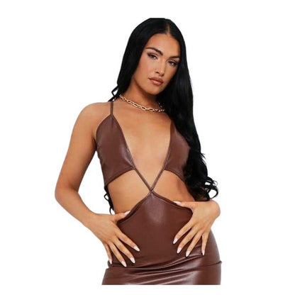 Chocolate - Back - Missy Empire Womens-Ladies Cut Out Cross Strings Mini Dress