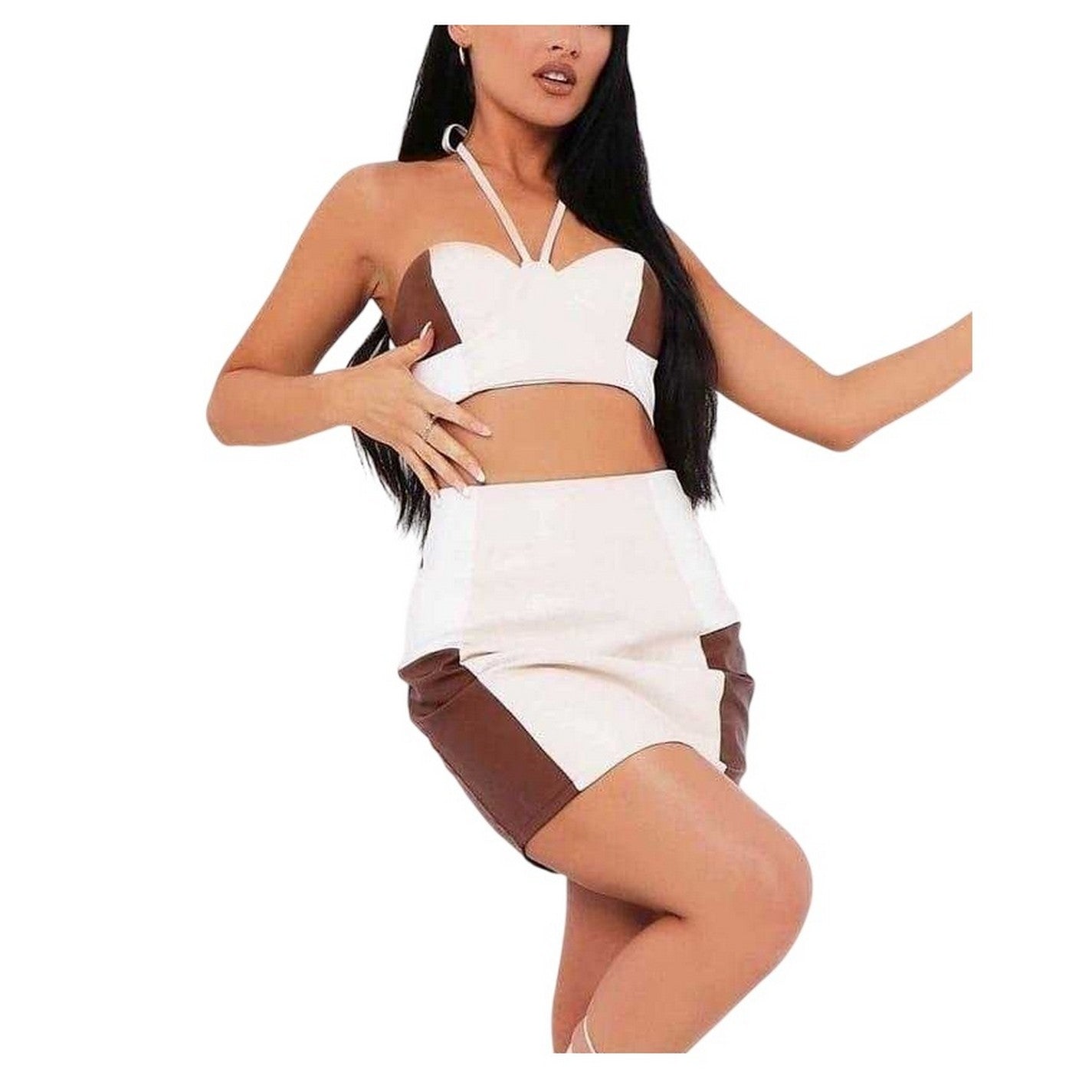 Beige - Back - Missy Empire Womens-Ladies Colour Block Halter Neck Bralette