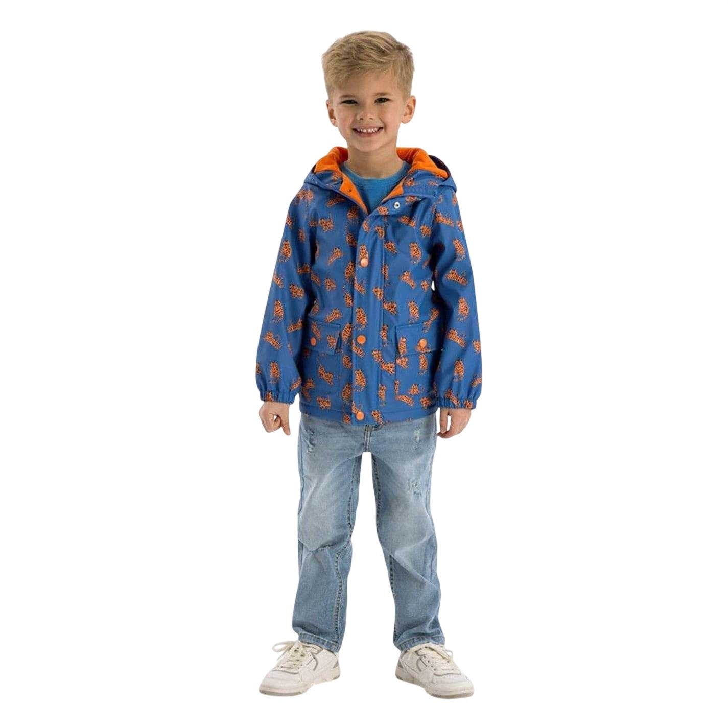 Royal Blue Print - Side - Minoti Boys Tiger Print Lightweight Relaxed Fit Raincoat