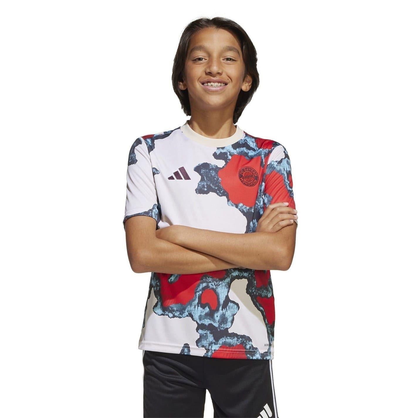 Red-Aqua - Side - Adidas Childrens-Kids 2024-2025 FC Bayern Munich Training Football Shirt