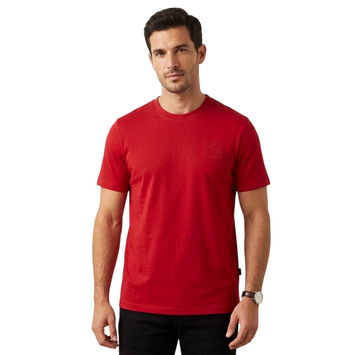 Red - Side - Aquascutum Mens Embroidered Logo Cotton T-Shirt