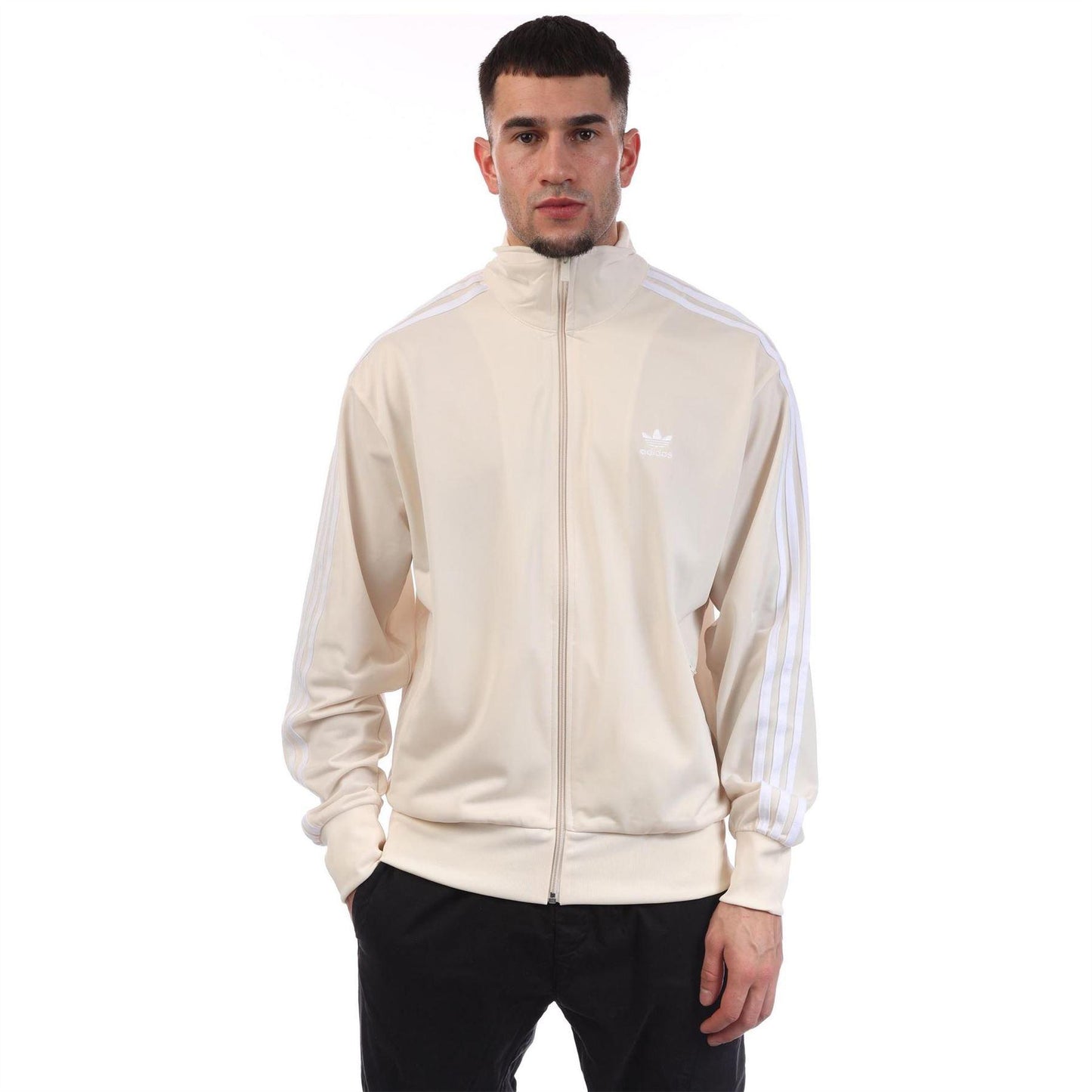 White - Front - Adidas Mens Firebird 3 Stripes Polyester Full Zip Loose Fit Track Top