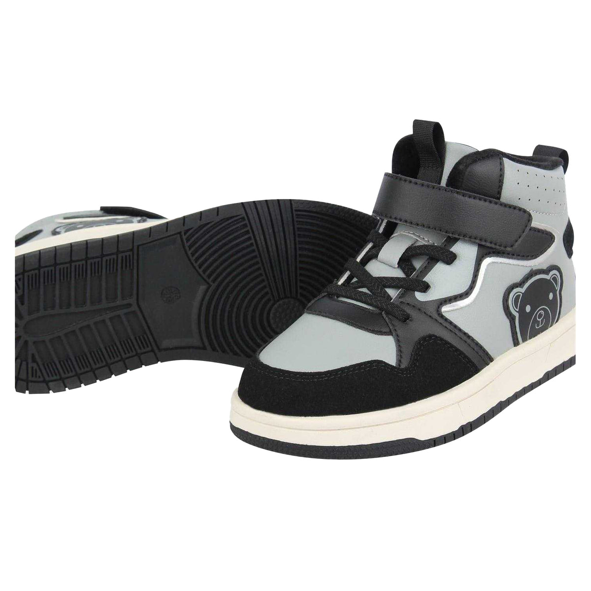 Black-Grey - Lifestyle - Fabric Childrens-Kids Teddy Bear Flat High Top Trainers