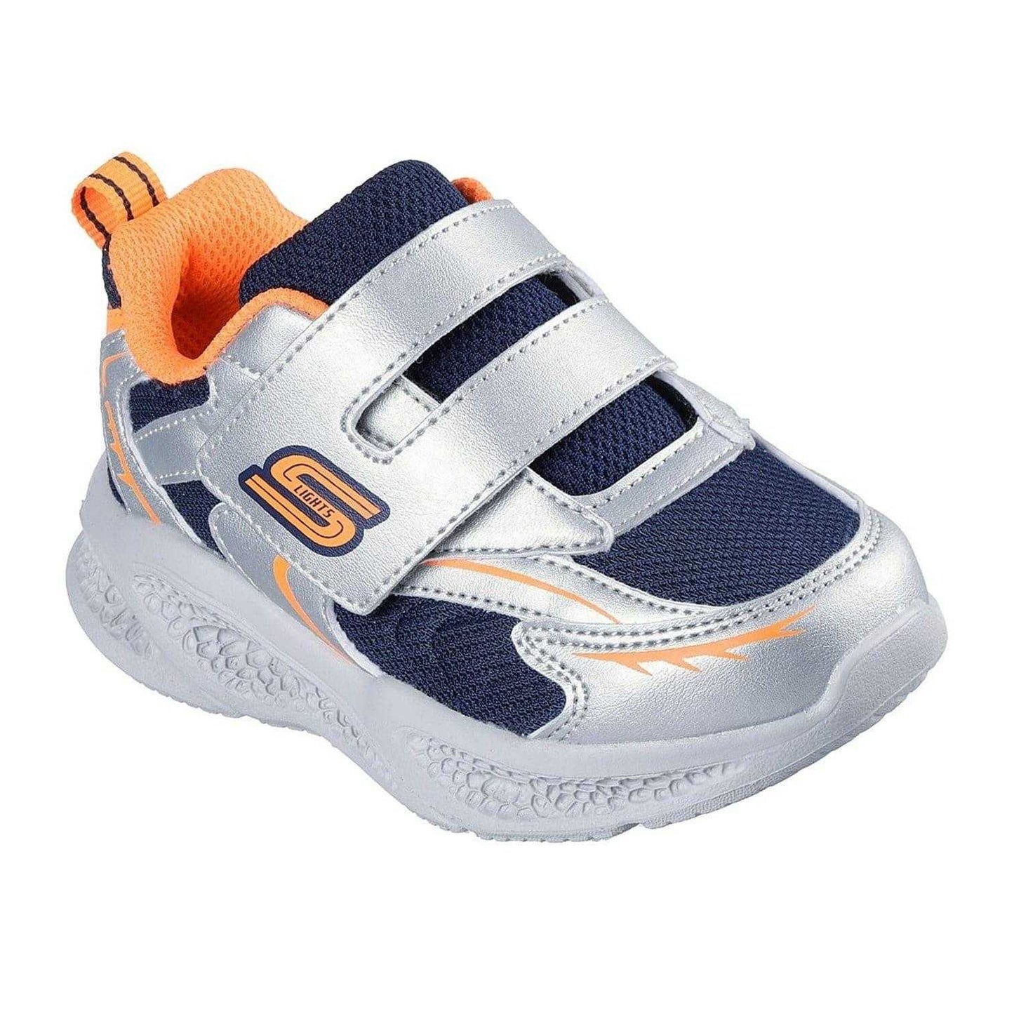 Silver-Orange - Pack Shot - Skechers Toddler Meteor Lights Trainers