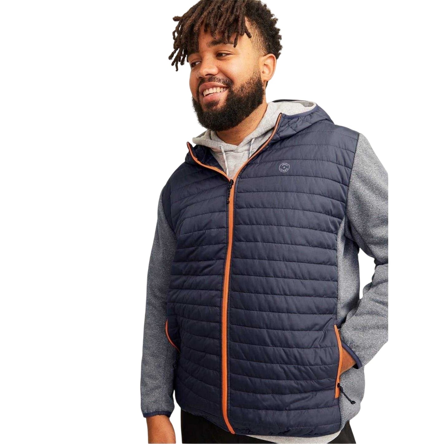 Grey Melange - Side - Jack And Jones Mens Quilted Ribbed Cuff Plus Puffer Jacket
