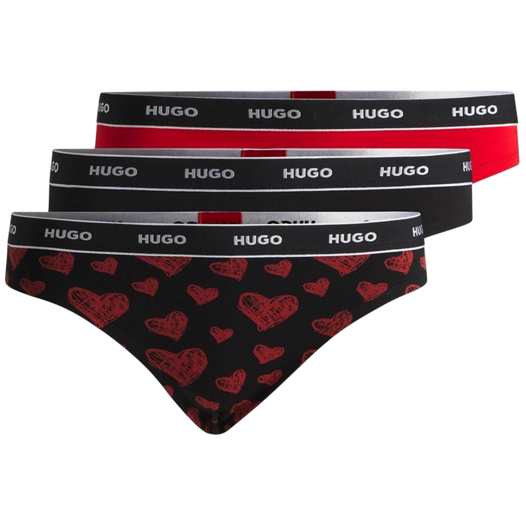 Black-Red - Front - Hugo Womens-Ladies Heart Thong (Pack of 3)